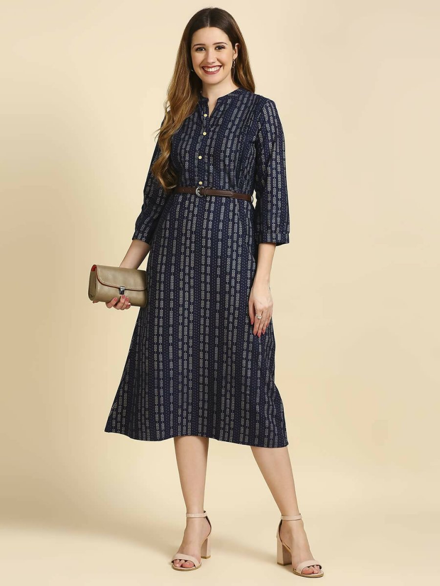 Anubhutee Women's Cotton A-Line Midi Casual Navy Blue Dress - Distacart
