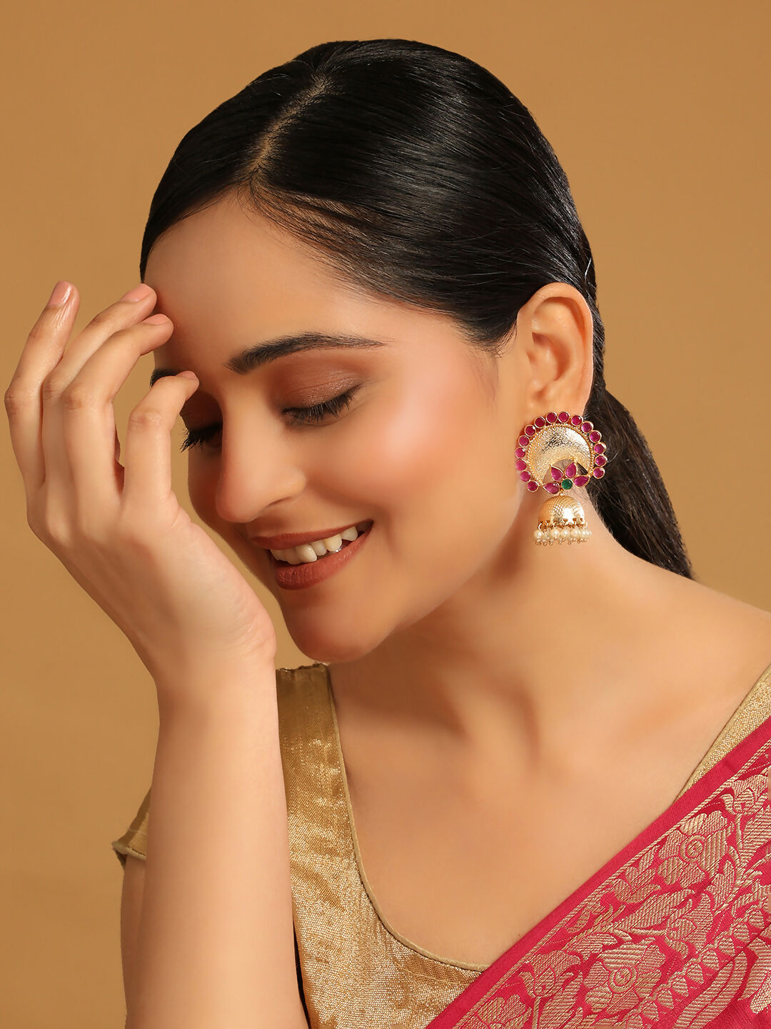 Nuyug 22K Gold Plated Ruby & Pearl Studded Dome Shaped Jhumkas