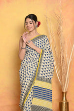 Thumbnail for Very Much Indian Handblock Printed Cotton Saree With Natural Dyes - White - Distacart