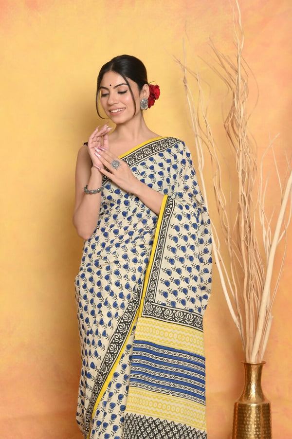 Very Much Indian Handblock Printed Cotton Saree With Natural Dyes - White - Distacart