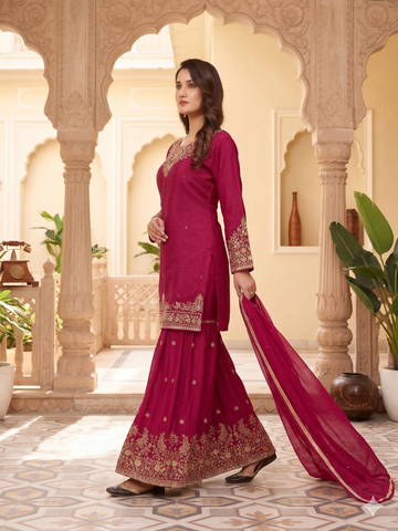 Teeya Creation Womens New Elegant Rani Pink Embroidered Sharara Suit With Golden Zari Work And Chiffon Dupatta - Dista