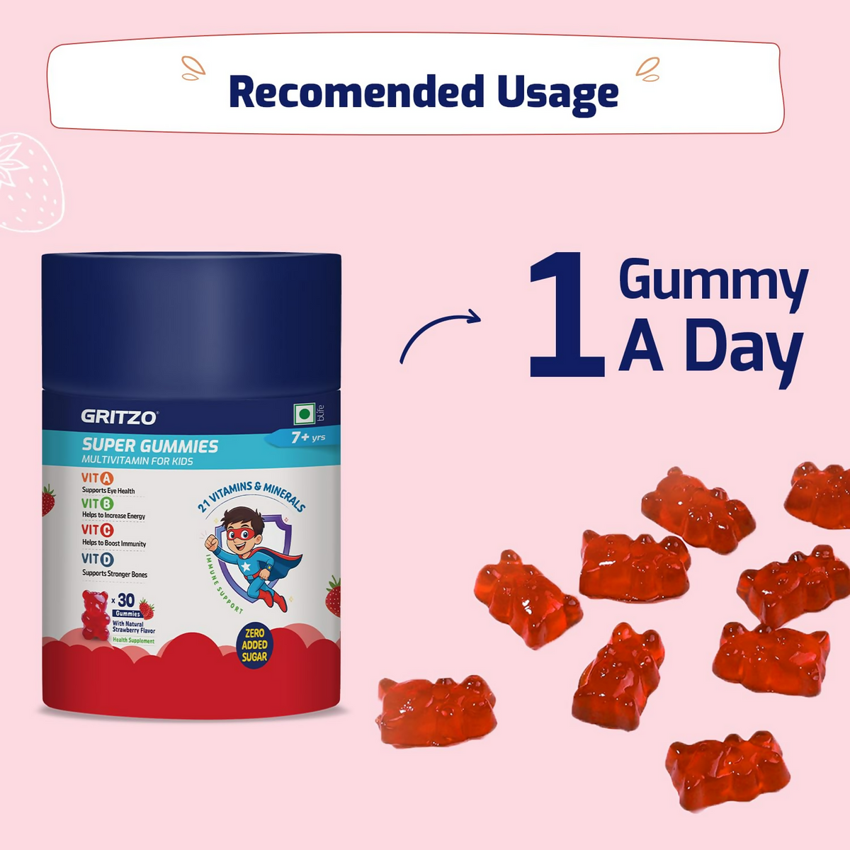 Gritzo Super Gummies Multivitamin (7+y Kids) (Strawberry Flavour) - Distacart