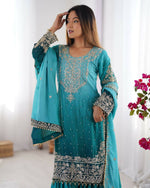 Thumbnail for The52 Women's Beautiful Chinon silk Fabric Embroidery Work Straight Kurta Palazzo and Dupatta Set - Distacart