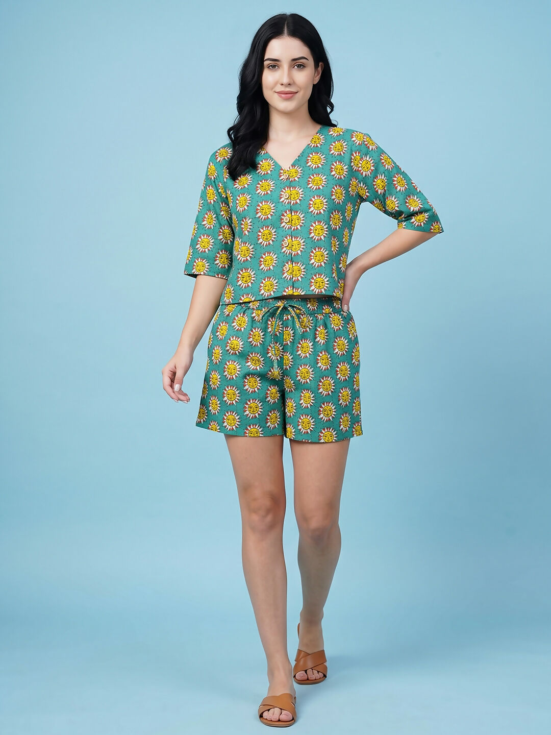 Breathables Woven Cotton Half Sleeves Sun Shorts Set Blue - Dista