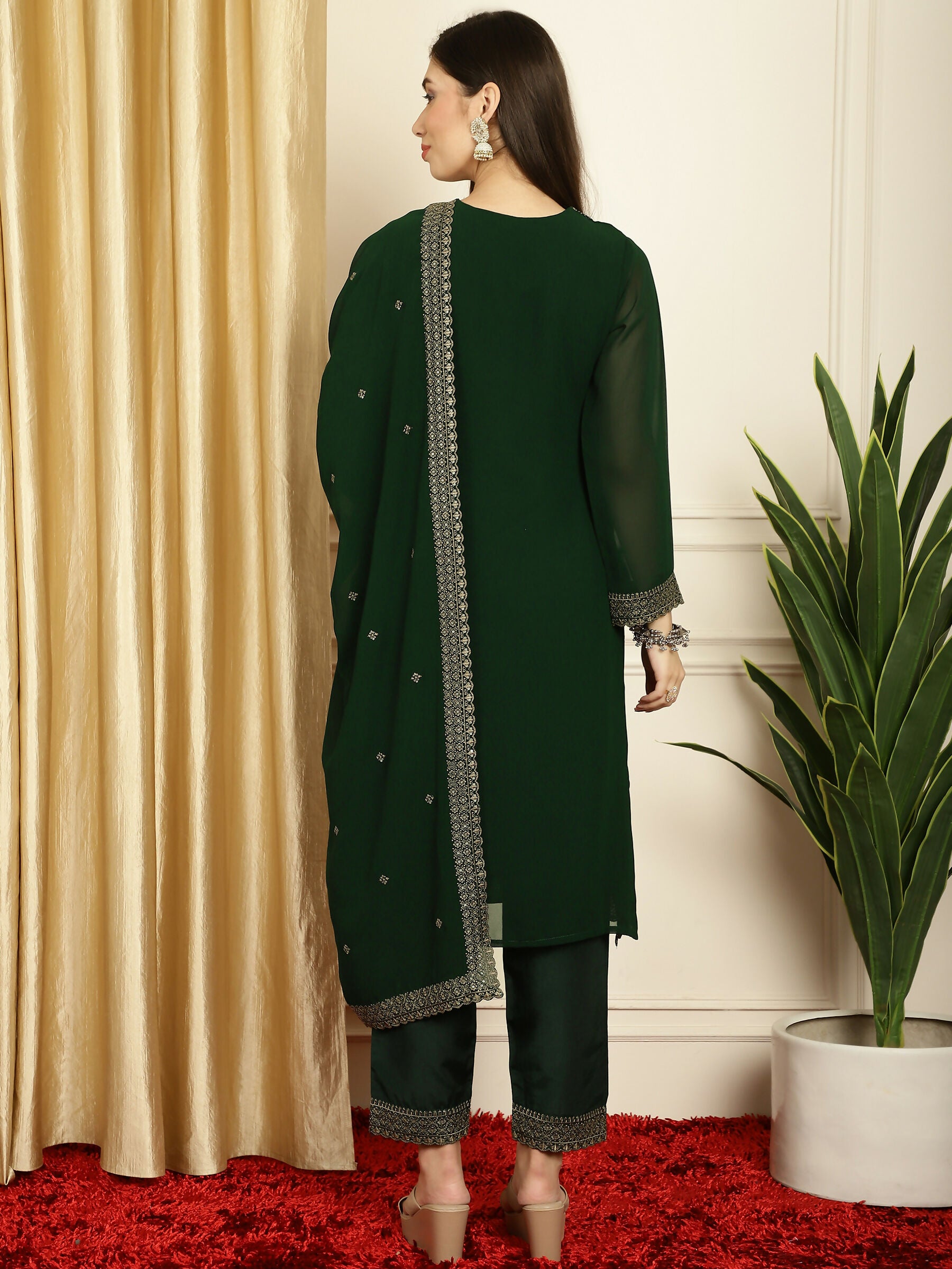 Jyoti Fashion Women's Green Georgette Resham Thread & Sequin Kurta with Trouser & Dupatta - Distacart