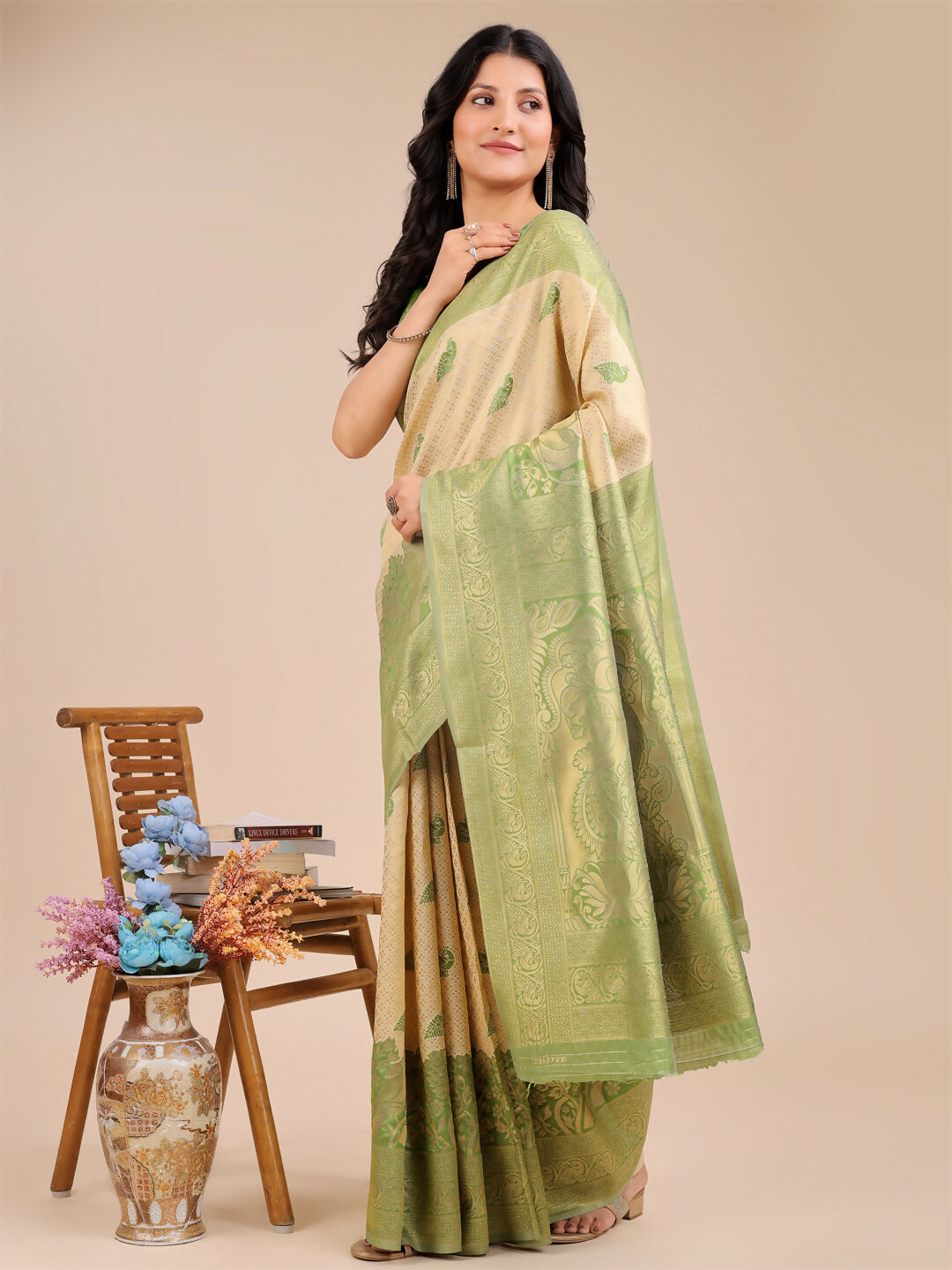 Astita Banarasi Silk Cream & Light Green Saree