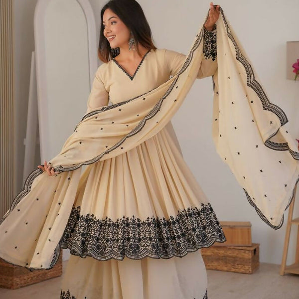 Teeya Creation Cream Color Faux Georgette Embrodiery Work Party Wear Sharara set - Distacart