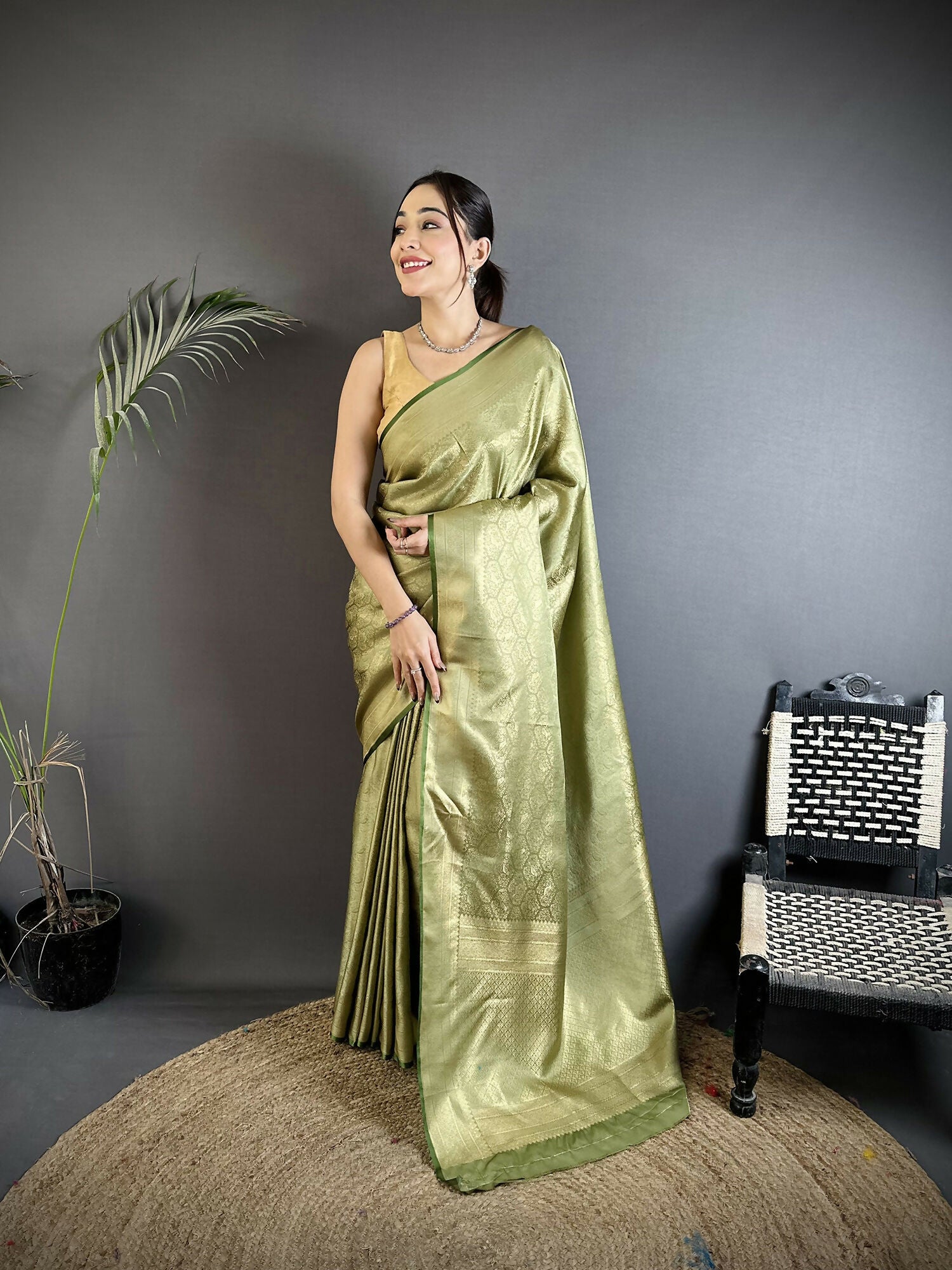 Joban Fashion Dusty Green Paisley & Floral Soft Satin Silk Banarasi Silk Saree