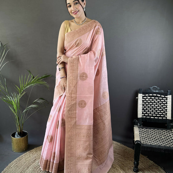 Joban Fashion Peach Floral & Paisley Linen Silk Banarasi Saree - Distacart