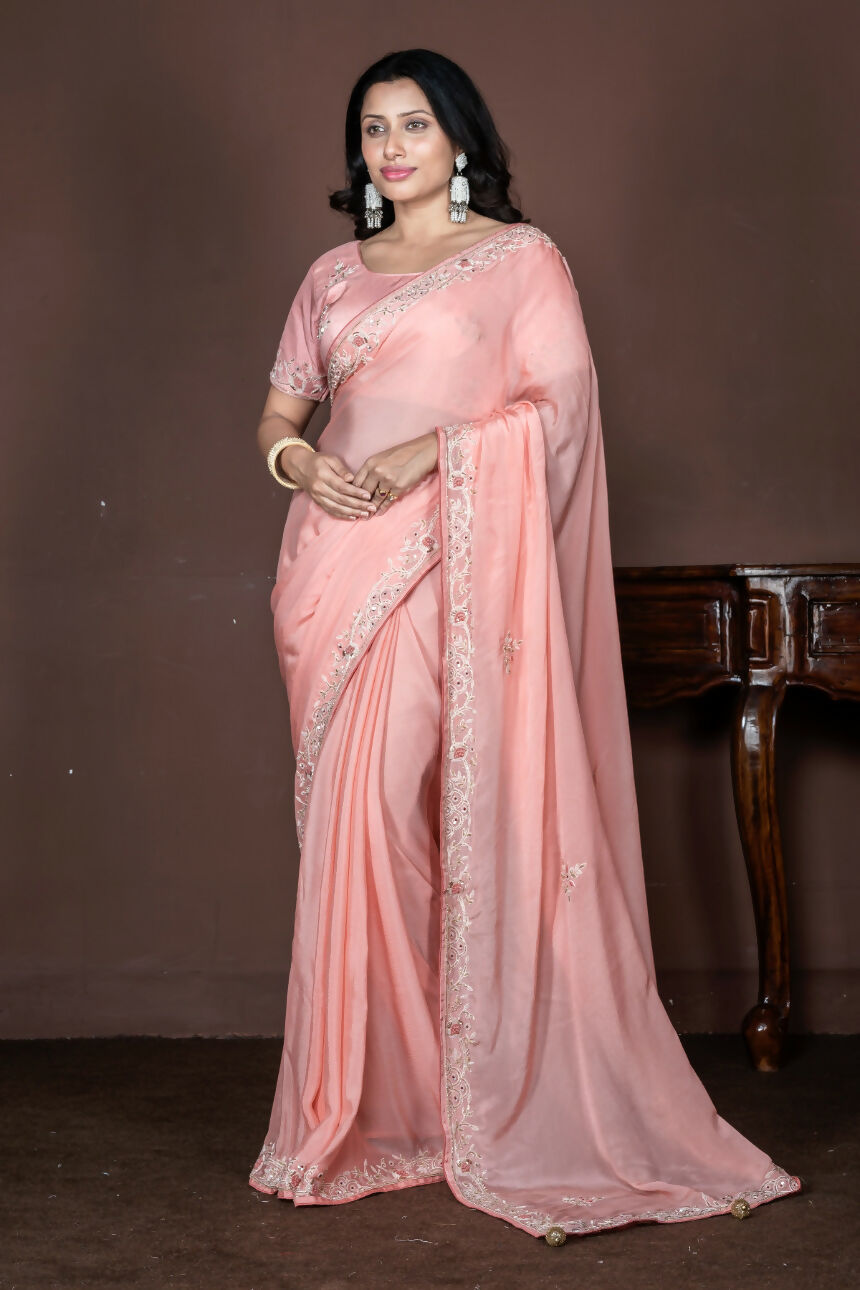 Morchari Peach Chiffon Hand Embroidery Saree Stitched Blouse