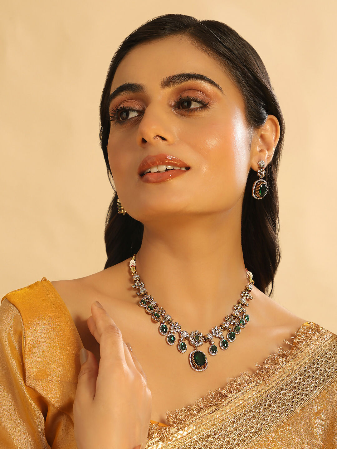 Nuyug 18K Gold Plated Emerald Blossom Necklace Set