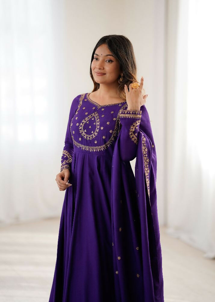 The52 Women's Beautiful Embroidery Work Roman Chanderi Silk Fabric Flared Anarkali Pant and Dupatta Set - Distacart