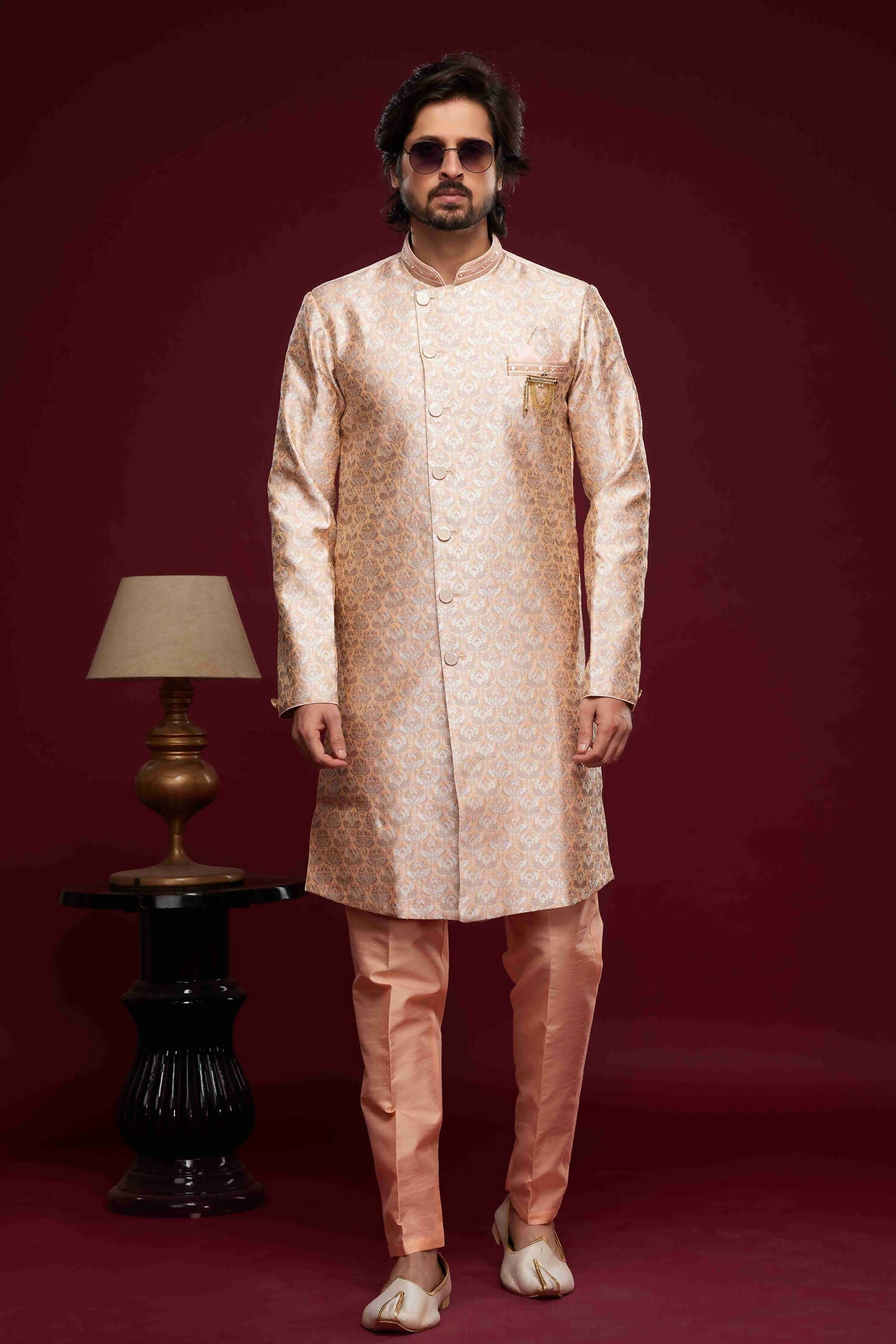 Raivat Ethnic Banarasi Jacquard Embroidery Semi Indo Western Sherwani In Peach Colour