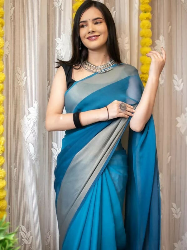 Malishka Chiffon Woven Boarder Ready To Wear Saree With Blouse Piece - Sky Blue - Distacart