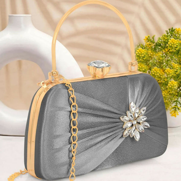 Joban Fashion Luxurious Satin Evening Clutch With Detachable Chain Strap - Grey