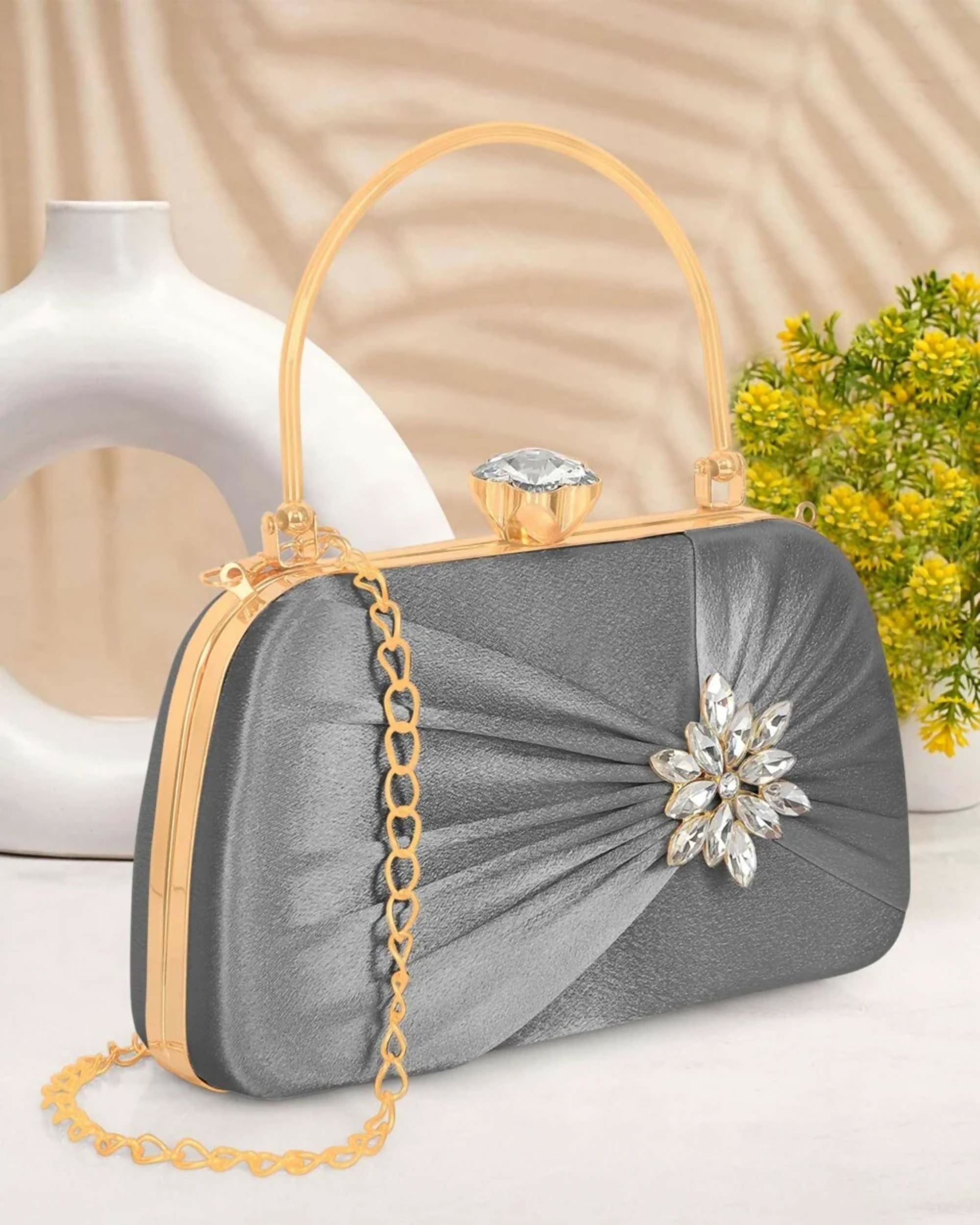Joban Fashion Luxurious Satin Evening Clutch With Detachable Chain Strap - Grey - Dista
