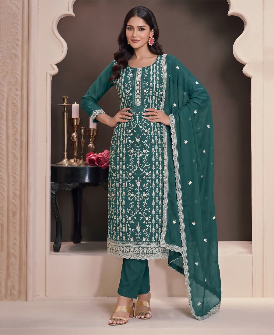 KC Aqua Blue Summer Wear Rangoli Silk Straight Suit For Women - Dista