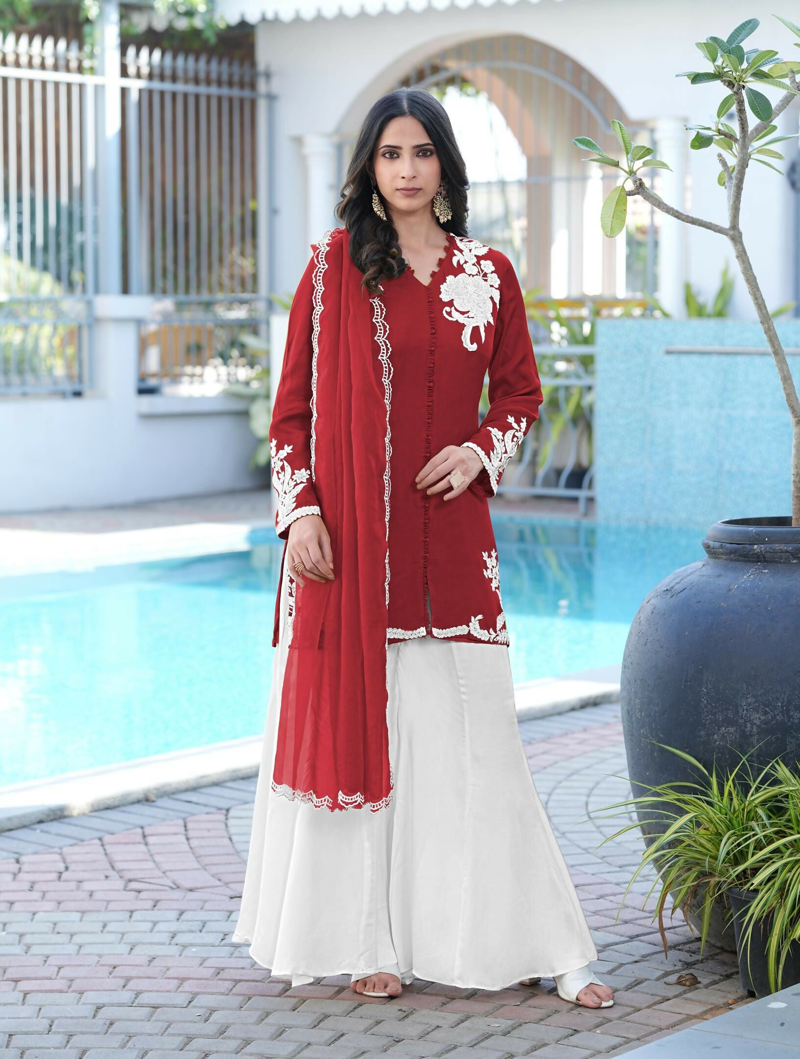 Nikhaar Maroon Embroidered Modal Silk Stitched Straight Cut Kurta Kalidar Palazzo Dupatta Readymade Suit - Dista
