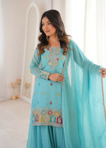 Thumbnail for Teeya Creation Sky Blue Color Soft Crunchy Silk Party Wear Designer Sharara set - Distacart
