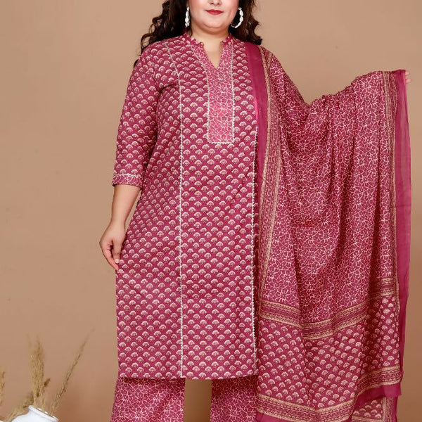 Miravan Women Plus Size Pink Straight Floral Printed Kurta & Palazzo With Dupatta - Distacart