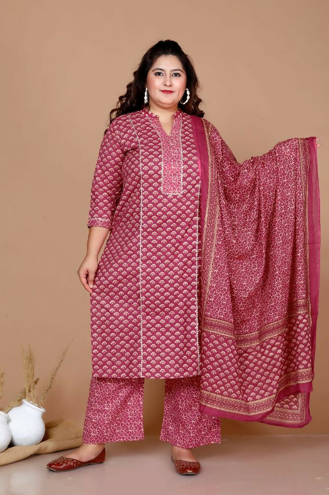 Miravan Women Plus Size Pink Straight Floral Printed Kurta & Palazzo With Dupatta - Distacart