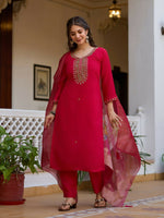 Thumbnail for Preksha Creation Maroon Viscose Chanderi Embroidered Beads Kurta Set With Dupatta And Pant