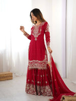 Thumbnail for The52 Women's Beautiful Faux Georgette Fabric Embroidery Work Straight Kurt Sharara and Dupatta Set - Distacart