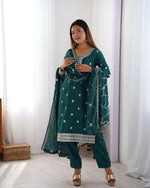 Thumbnail for Joban Fashion Green Kurta set with Pant Chinon silk Thread with Sequins work