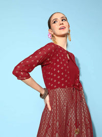 Thumbnail for Ahalyaa Women Beautiful Maroon Crepe Brocade Ethnic Dress - Distacart