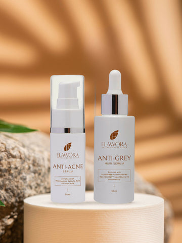Flawora Set of Anti-Grey Hair Serum for Reversing Grey Hair and Anti Acne Serum to Reduce Blackheads and Open Pores - Dista
