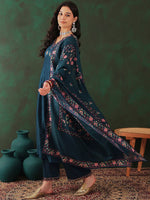Thumbnail for Sangria Floral Embroidered A-Line Kurta & Trousers With Dupatta - Distacart
