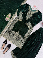 Thumbnail for Vastranavya Green Viscose Velvet Cording Sequence With Moti Work Top-Bottom With Dupatta