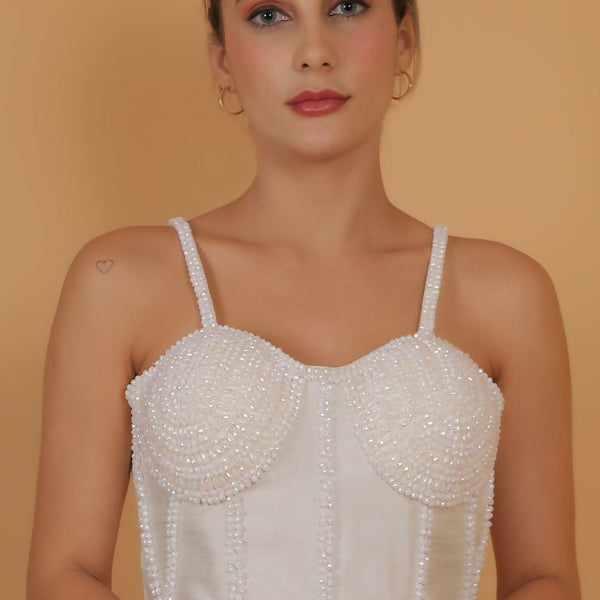 Joban Fashion Silk Pearl And Beads Hand Embroidery Padded Blouse - Pearl White