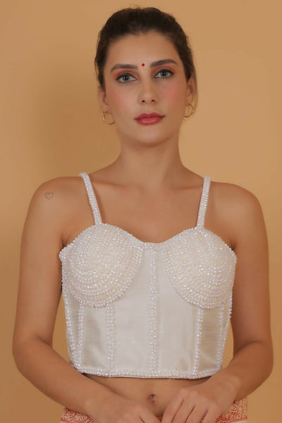 Joban Fashion Silk Pearl And Beads Hand Embroidery Padded Blouse - Pearl White