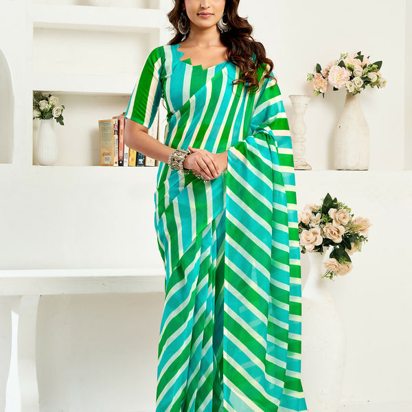 Vastranavya Green Digital Printed Linen Ready To Wear Designer Saree with Unstitched Blouse - Distacart