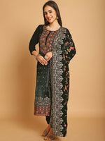 Thumbnail for Aastha Fashion Women's Green Velvet Floral Resham Thread with Jari & Sequince work Designer Straight Suit Set - Distacart