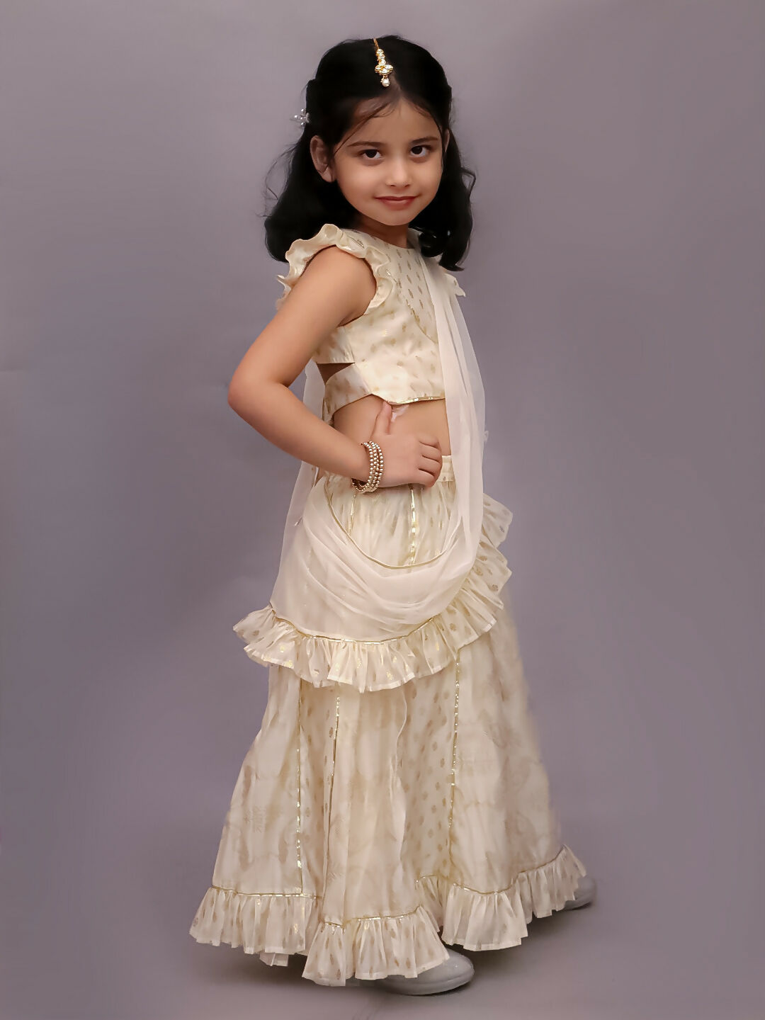 Lil Drama Mishti Off White Lehanga Choli Dupatta Set For Girls