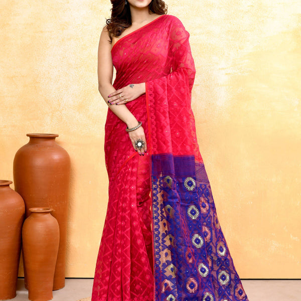Piyari Fashion Women's Rani Pink Embellished Cotton Blend Jamdani Saree - Distacart