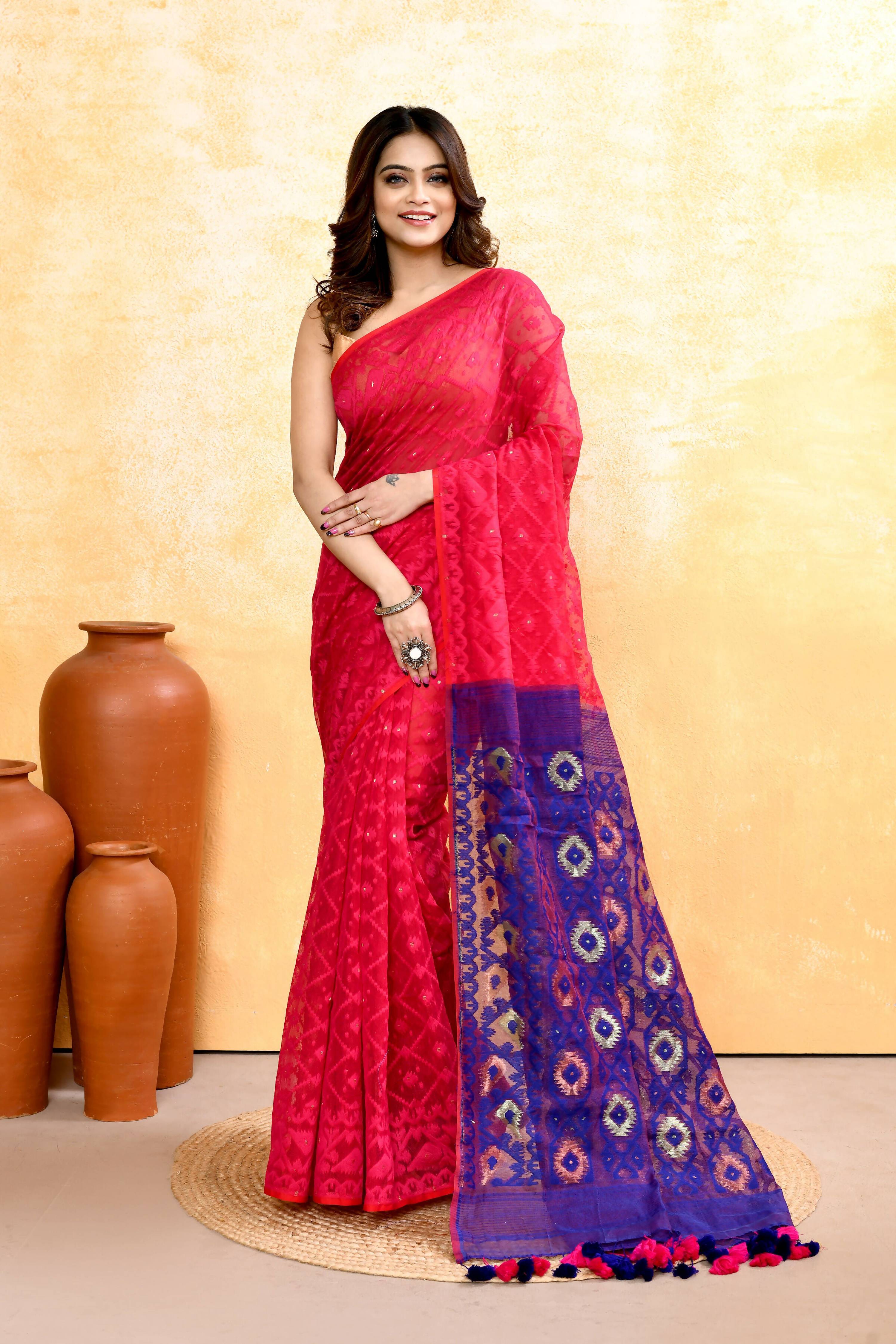 Piyari Fashion Women's Rani Pink Embellished Cotton Blend Jamdani Saree - Distacart