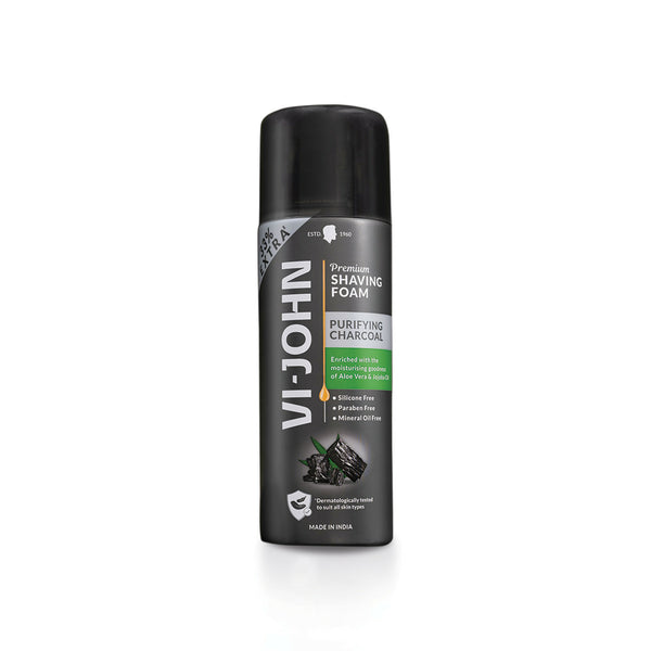VI-JOHN Dermatologically Tested Premium Purifying Charcoal Shaving Foam Enriched with Aloevera & Jojoba Oil Free From Silicone, Paraben & Mineral Oil