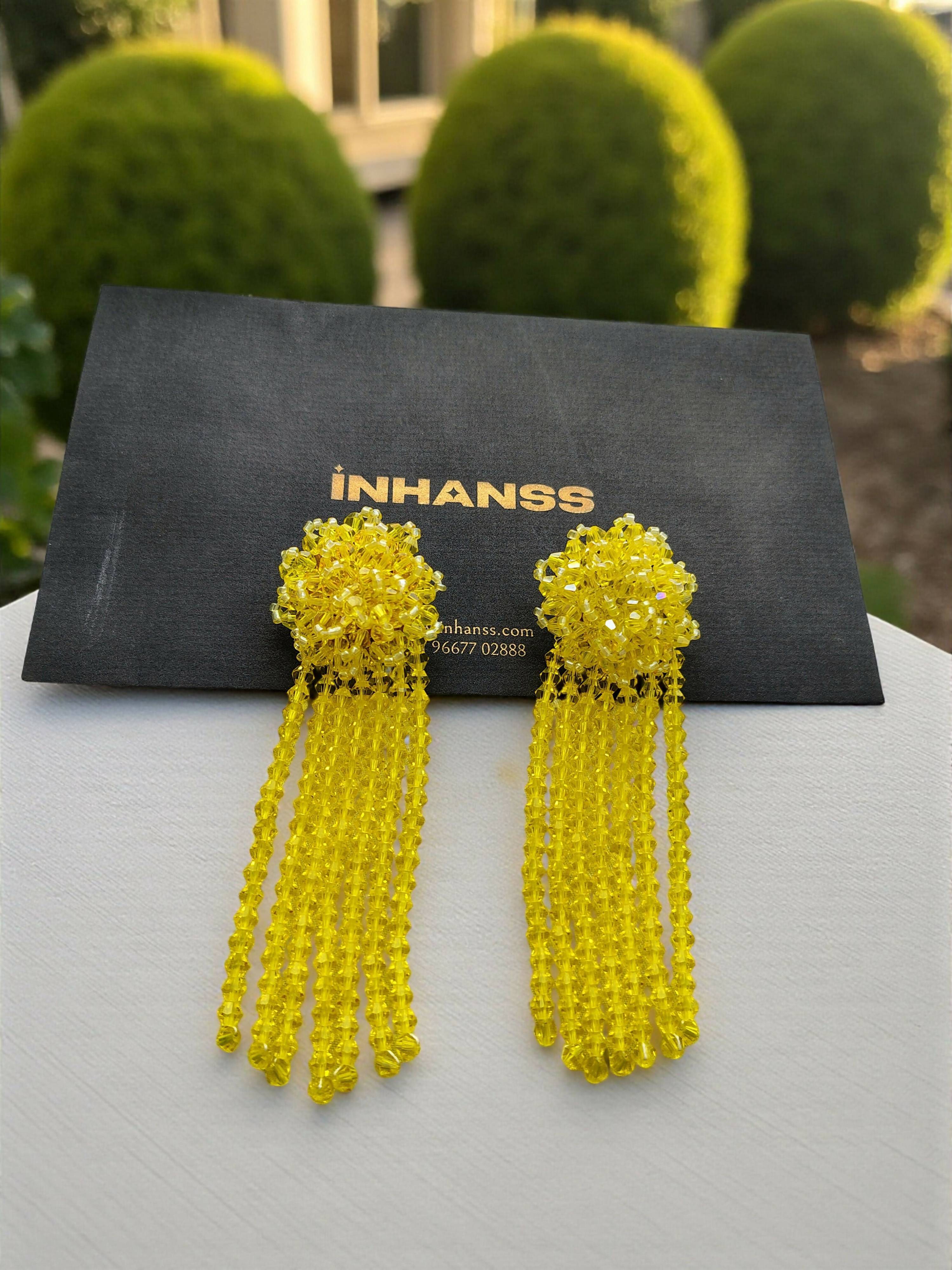 Inhanns Handmade Crystal Waterfall Earrings - Long - Lemon Yellow Big - Distacart