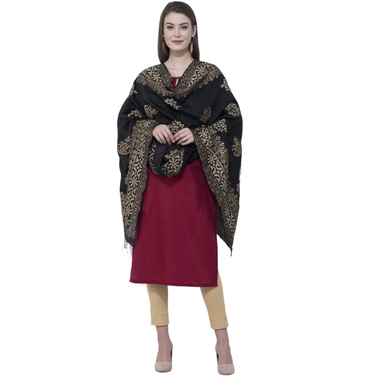 A R SILK Black Color Chanderi Gold Print Dupattas and Chunnis