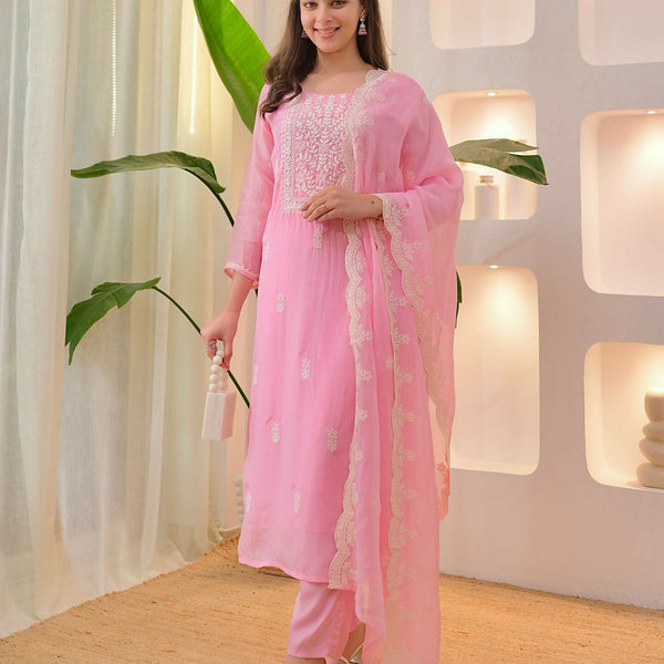 The52 Pink Women's Beautiful Chikankari Work Chanderi Fabric Straight Kurta Pant and Dupatta Set - Distacart