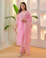 Thumbnail for The52 Pink Women's Beautiful Chikankari Work Chanderi Fabric Straight Kurta Pant and Dupatta Set - Distacart