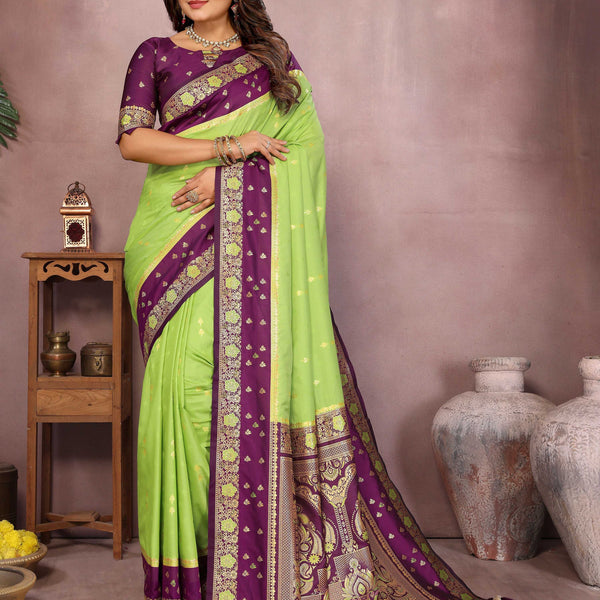 Aastha Fashion Parrot Green Kalamkari Silk Zari Woven Saree - Distacart