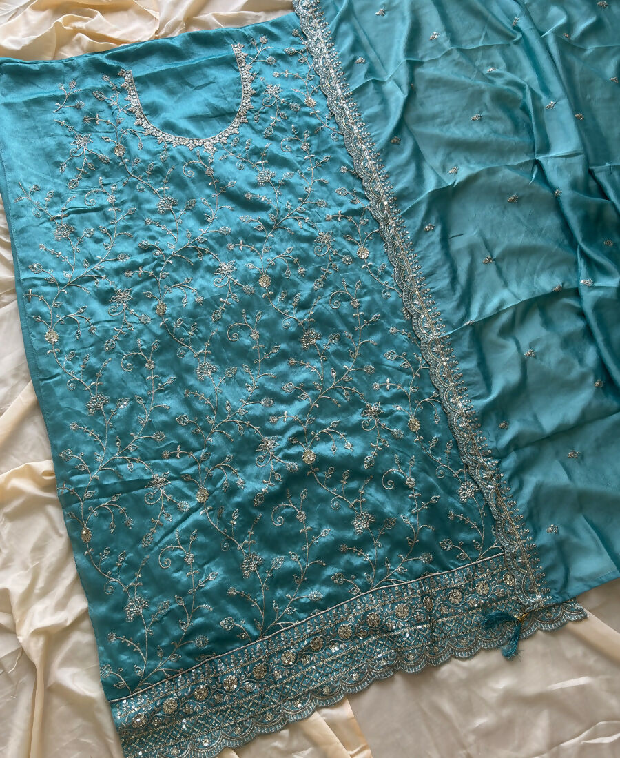 KC Sky Blue Silk Straight Suit For Women Heavy Embroidery Work - Dista