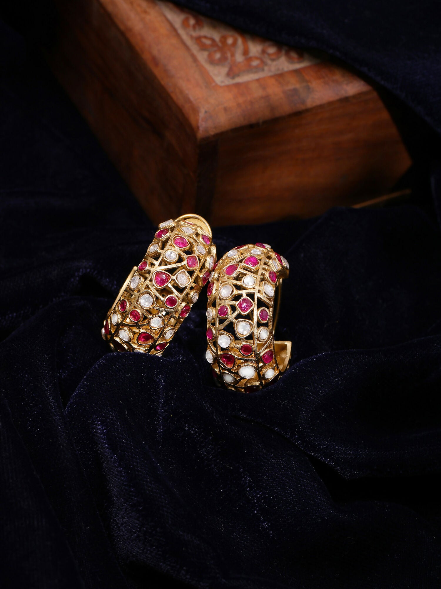 Ruby Raang Gold Polished Maroon Round Kundan Loops