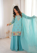 Thumbnail for Teeya Creation Sky Blue Color Soft Crunchy Silk Party Wear Designer Sharara set - Distacart