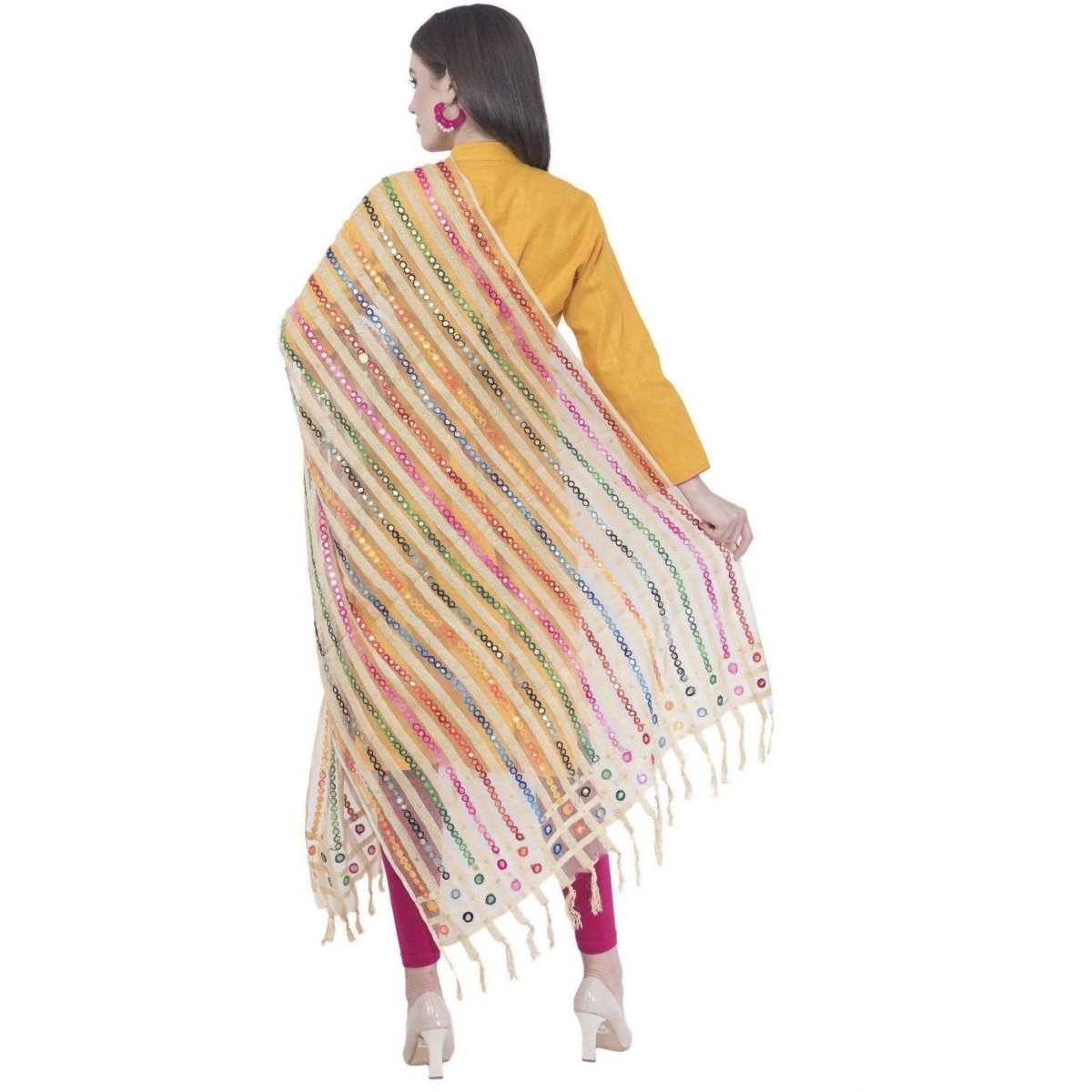 A R SILK White Color Multi Stripe Dupattas and Chunnis