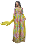 Thumbnail for Vegaa Fashion Parrot Green Chinon Silk Embroidered Digital Print Festive Look Gown With Dupatta - Distacart